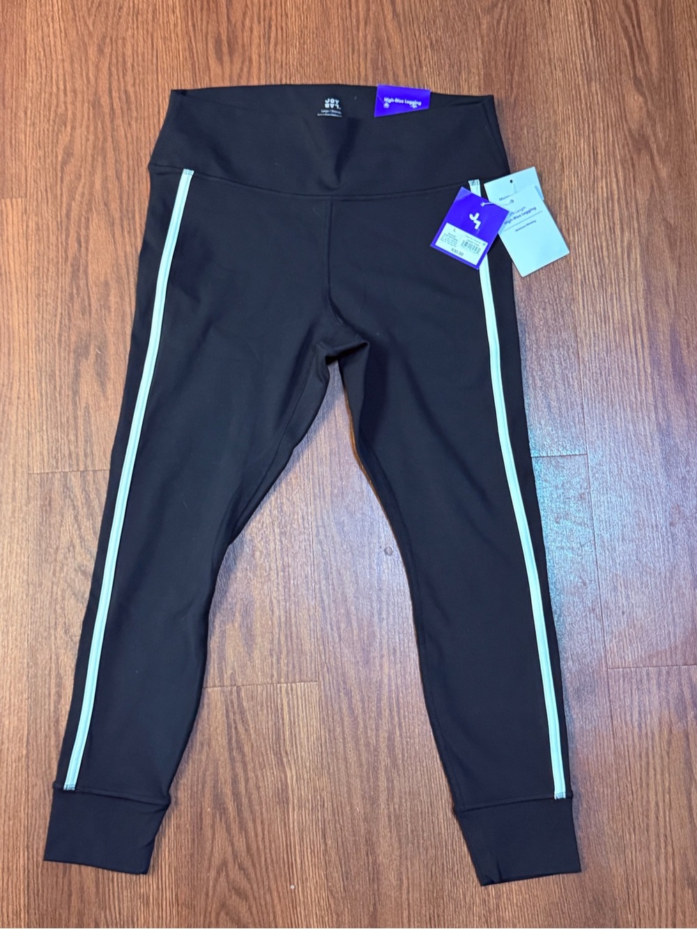 JoyLab High-Rise 7/8 Leggings Black with White Side Stripe Size L NWT